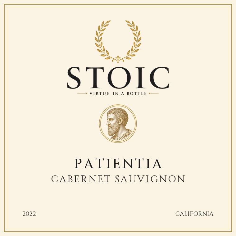 STOIC Patientia Cabernet Sauvignon 2022 front label, showing a gold laurel wreath above the STOIC wordmark and an engraved profile of Marcus Aurelius